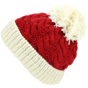 Wool Cable Knit Beanie Bobble Hat - Red & Cream