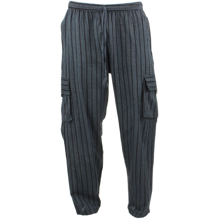 Classic Nepalese Lightweight Cotton Striped Cargo Trousers Pants - Black