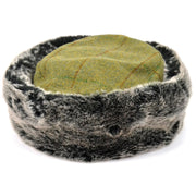 Flat Top Tweed Hat with Faux Fur cuff - Mid green