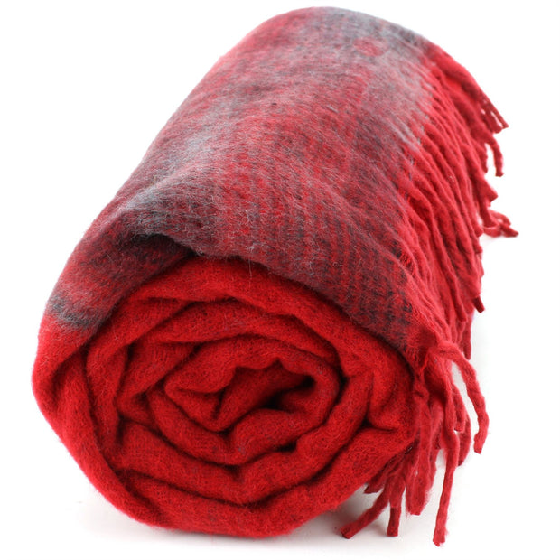 Tibetan Wool Blend Shawl Blanket - Red with Red & Grey Reverse
