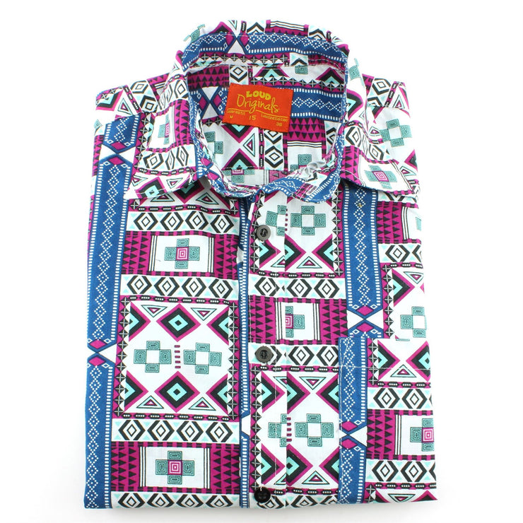 Tailored Fit Short Sleeve Shirt - Blue & Pink Aztec