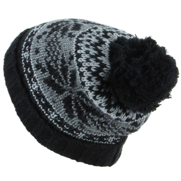 Chunky Knit Slouch Beanie Bobble Hat with Fairisle Pattern - Black