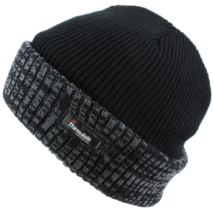 Fleece Lined Ribbed Beanie Hat with a Contrast Mix Turn-up - Black