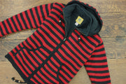 Hand Knitted Wool Hooded Jacket Cardigan - Stripe Red Black