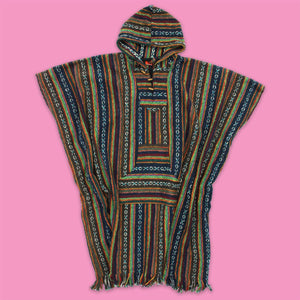 Brushed Cotton Long Hooded Poncho - Brown