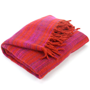 Vegansk uld sjal tæppe - stribe - rød pink
