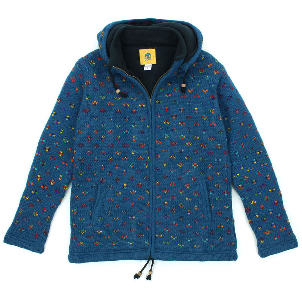 Hand Knitted Wool Hooded Jacket Cardigan - Fleck Navy Rainbow