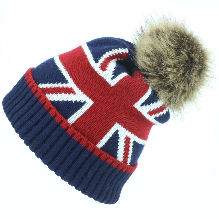 Union Jack Bobble Beanie Hat with Faux Fur Bobble - Brown