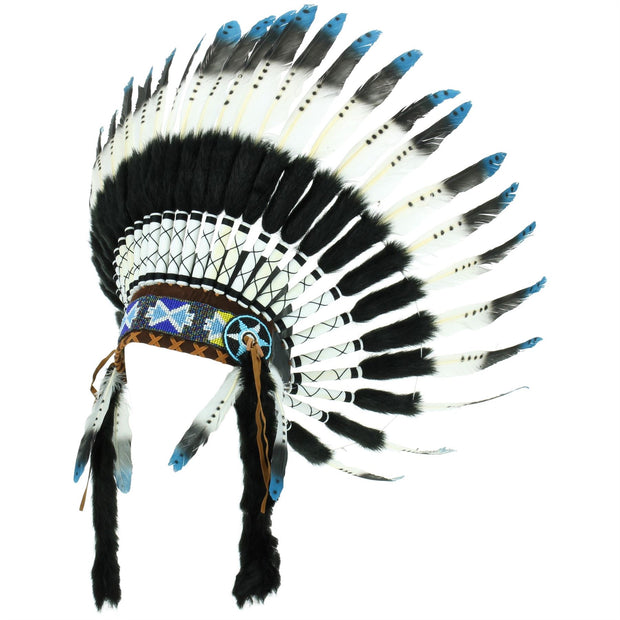 Native Amercian Chief Headdress - Blue (Black Fur)