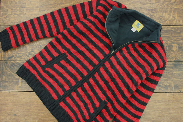 Hand Knitted Wool Jacket Cardigan - Stripe Red Black