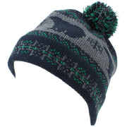 Childrens Fine Knit Bobble Beanie Hat with Polar Bear Print - Navy & Green