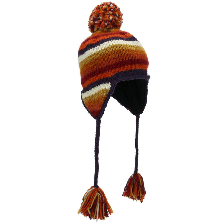 Wool Knit Earflap Bobble Hat - Stripe Orange Rust