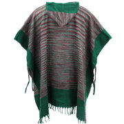 Soft Vegan Wool Hooded Tibet Poncho - Red Grey & Racing Green