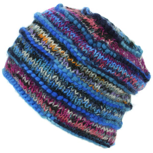 Bonnet en tricot de laine côtelée épaisse avec motif de teinture spatiale - Bleu électrique