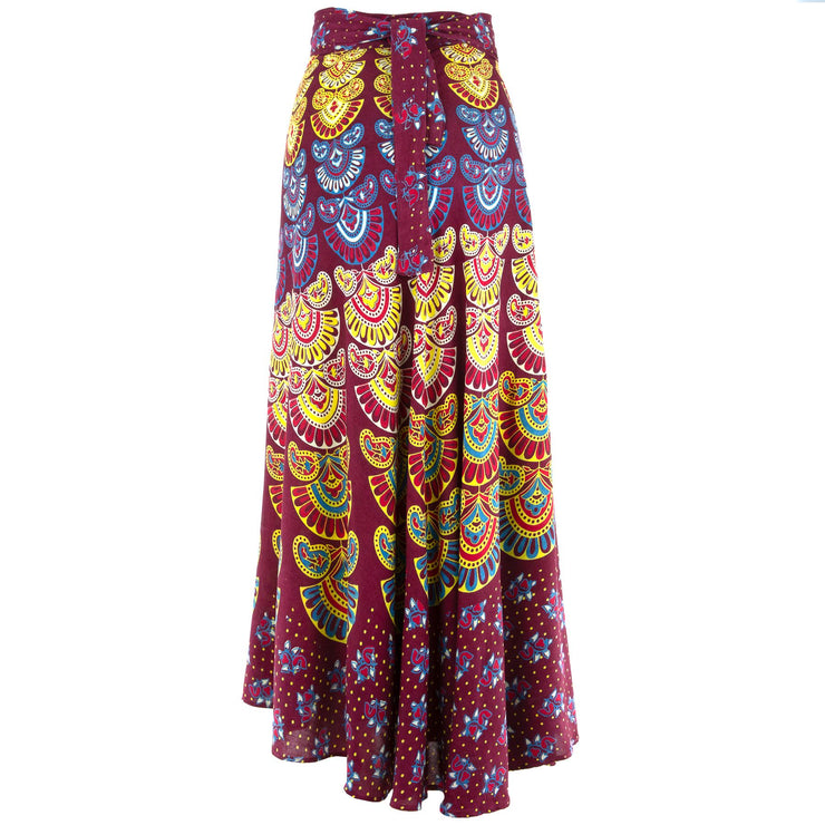 Long Maxi Wrap Skirt with Block Print Mandala - Plum & Yellow