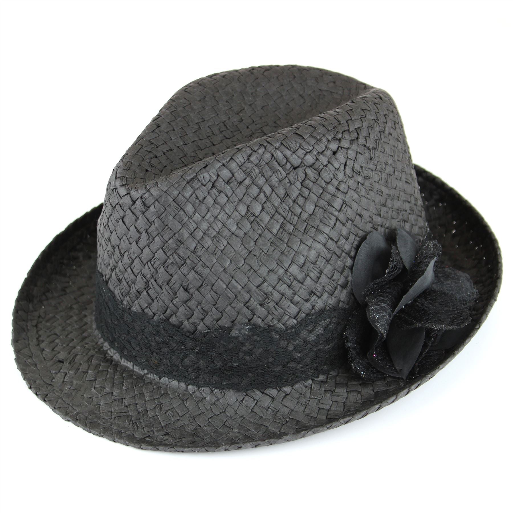 Straw paper trilby hat with lace band and flower corsage Black