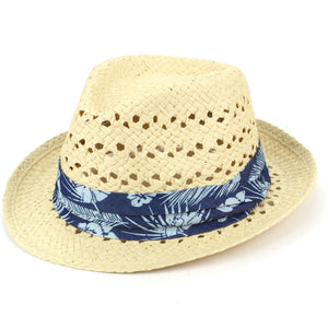 Straw Trilby Fedora Hat med Hibiscus Floral Band - Natural