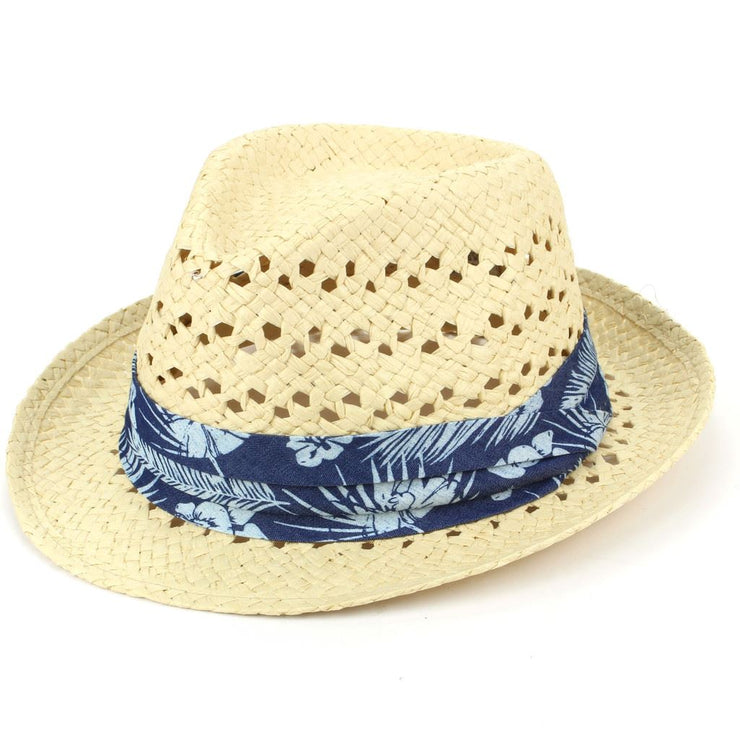 Straw Trilby Fedora Hat with Hibiscus Floral Band - Natural