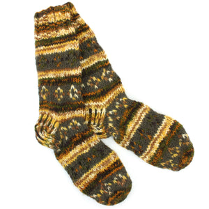 Hand Knitted Wool Slipper Socks Lined - Diamond Orange Brown
