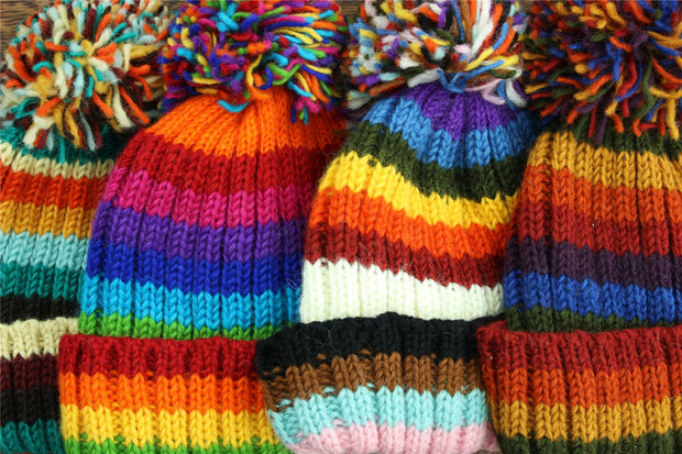 Hand Knitted Wool Beanie Bobble Hat - Stripe Bright Rainbow