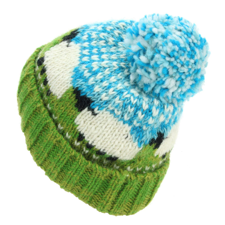Hand Knitted Wool Beanie Bobble Hat - Sheep - Green Sky Blue