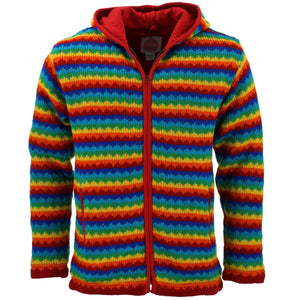 Strickjacke aus Wollstrick mit Kapuze – Regenbogen-Zickzackmuster