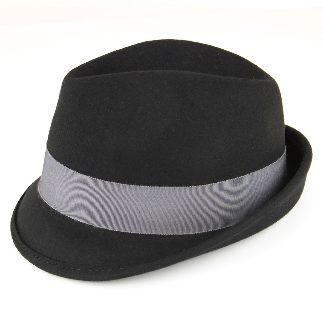 Wool felt trilby hat with wide band and side bow - Black