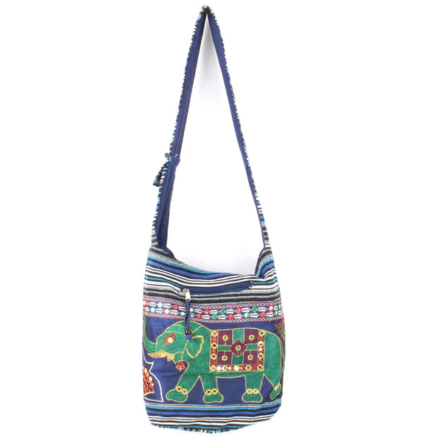 Embroidered Elephant Canvas Sling Shoulder Bag - Dark Blue