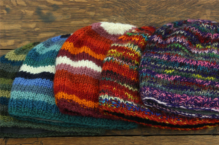 Wool Knit Beanie Hat - Stripe Rust