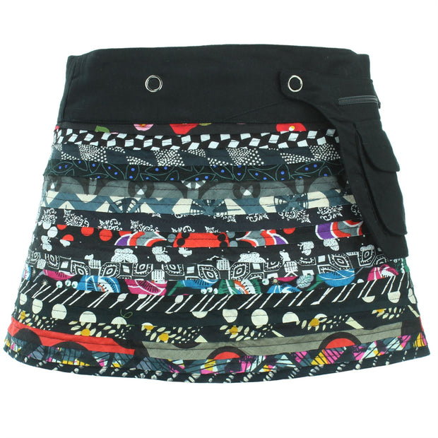 Reversible Popper Wrap Children's Size Mini Skirt - Black Patch Strips / Kaleidoscope