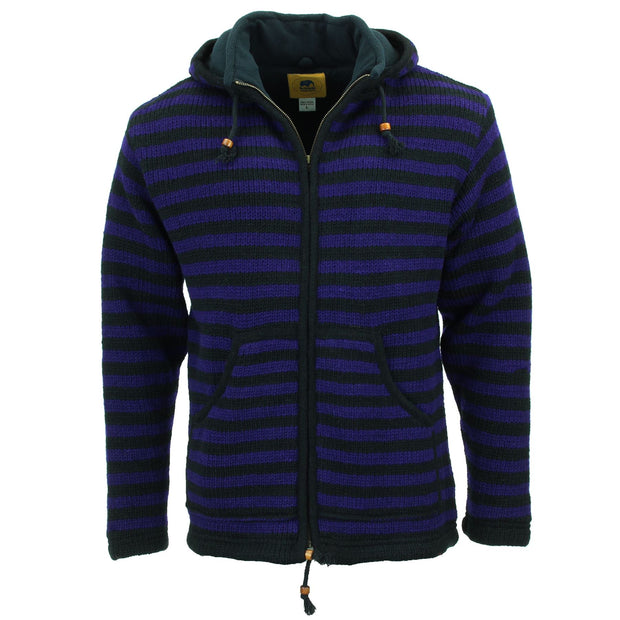 Hand Knitted Wool Hooded Jacket Cardigan - Stripe Purple Black