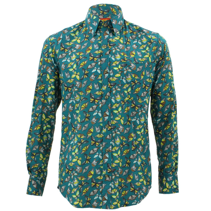 Tailored Fit Long Sleeve Shirt - Butterflies on Green