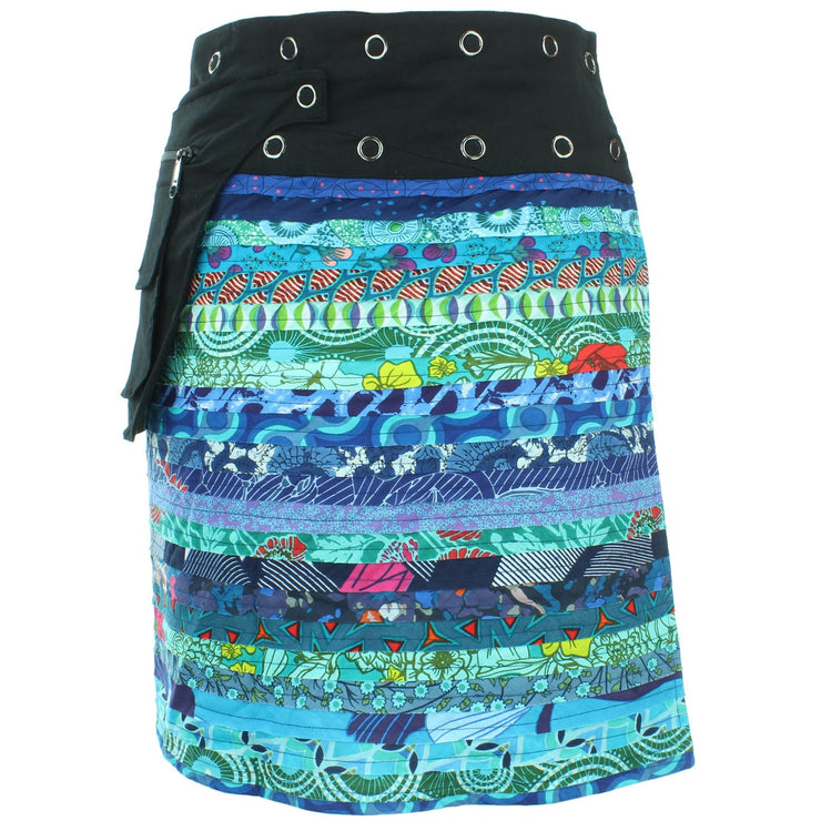 Reversible Popper Wrap Knee Length Skirt - Blue Patch Strips / Diamond Block