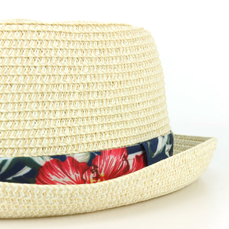 Straw Porkpie Hat with Hawaiian Floral Band - White