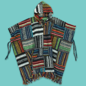 Poncho à capuche en coton brossé - patchwork