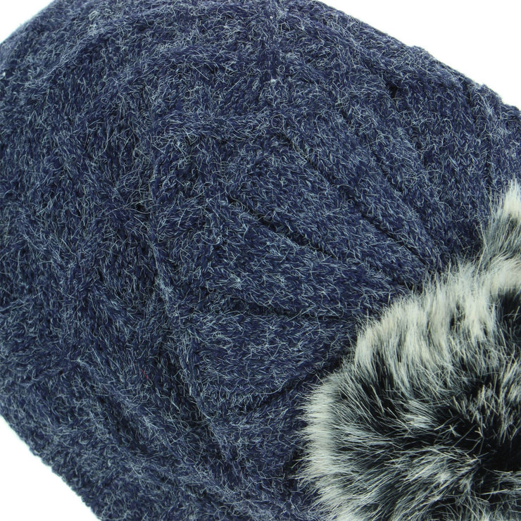 Knitted Slouch Bobble Beanie Hat with Super Soft Fleece Lining - Blue