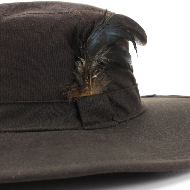 Wide Brim Outback Style Wax Cotton Bush Hat with Feather - Brown