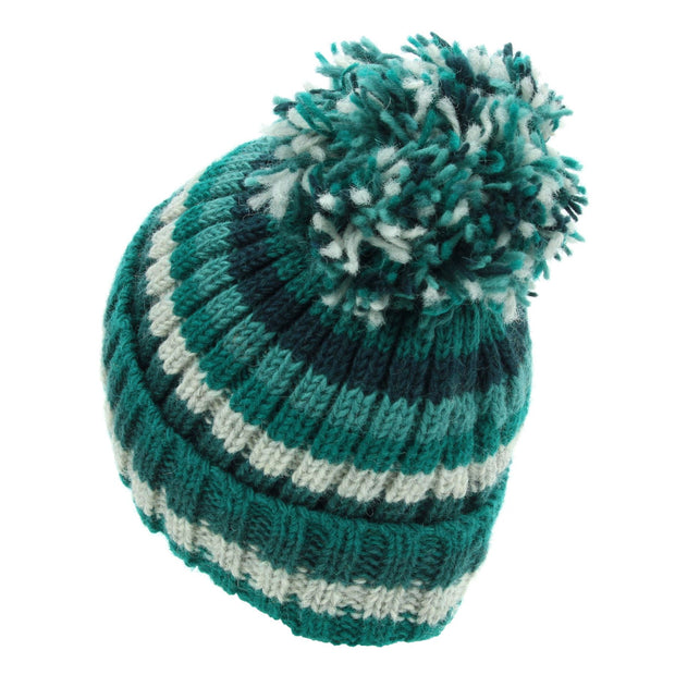 Hand Knitted Wool Beanie Bobble Hat - Stripe Teal