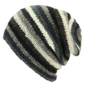 Uld strik baggy slouch beanie hat - stribet grå