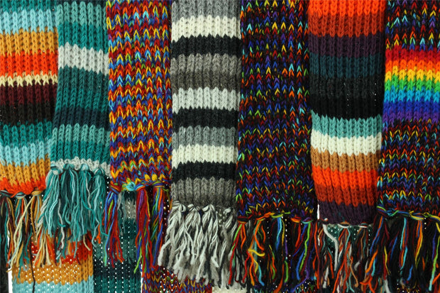 Long Chunky Wool Knit Striped Scarf - Rainbow
