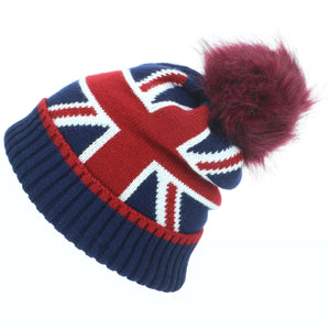 Union Jack Bobble Beanie Hat med Faux Fur Bobble - Rød