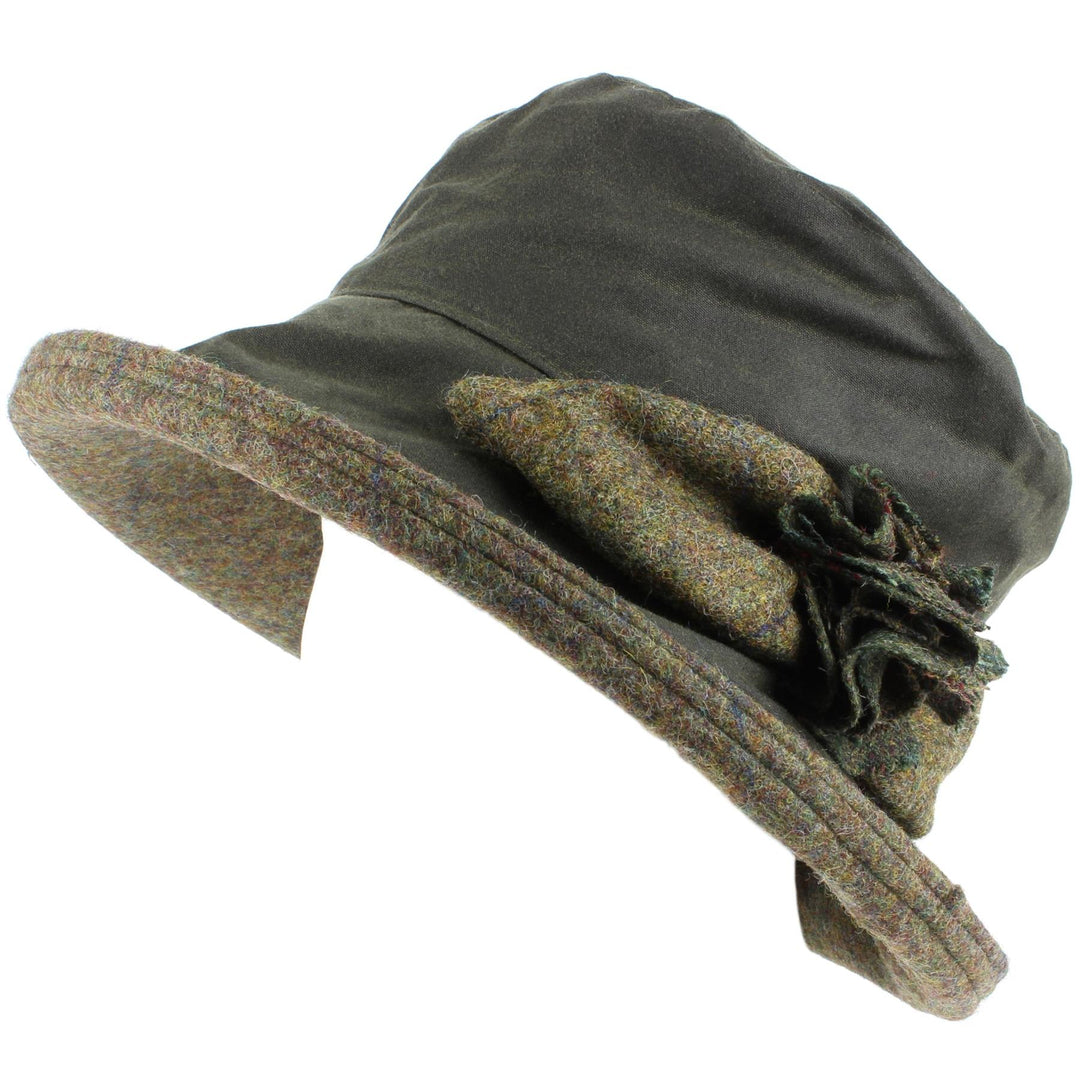 Ladies Waterproof Wax Cloche Hat with Tweed Rose and Brim - Green (Dark Green Tweed)