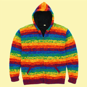 Håndstrikket uld hættejakke cardigan - sd strimlet regnbue