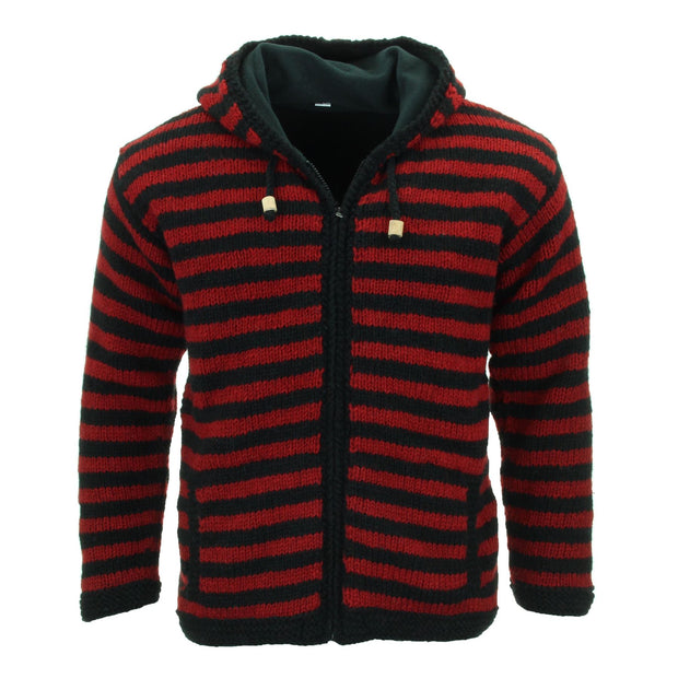 Hand Knitted Wool Hooded Jacket Cardigan - Stripe Red Black