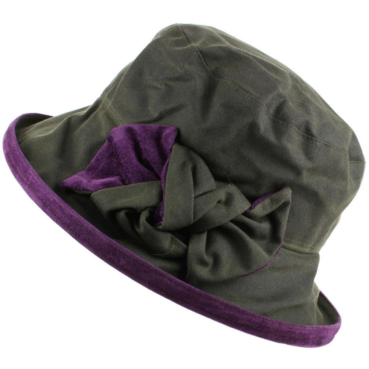 Ladies Waterproof Wax Cloche Hat with Suedette Brim and Bow - Green & Blackcurrant