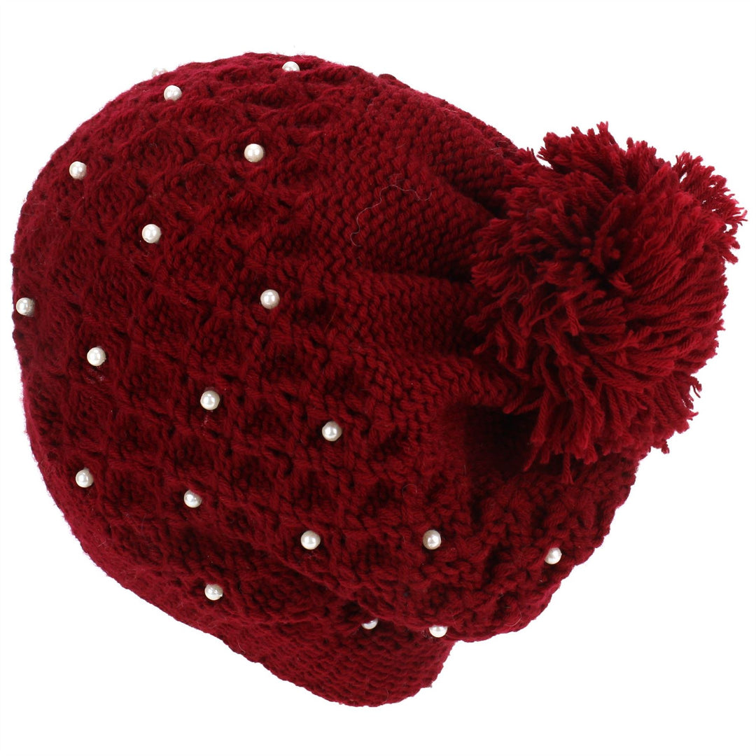 Pearl Lattice Bobble Beanie Hat - Red