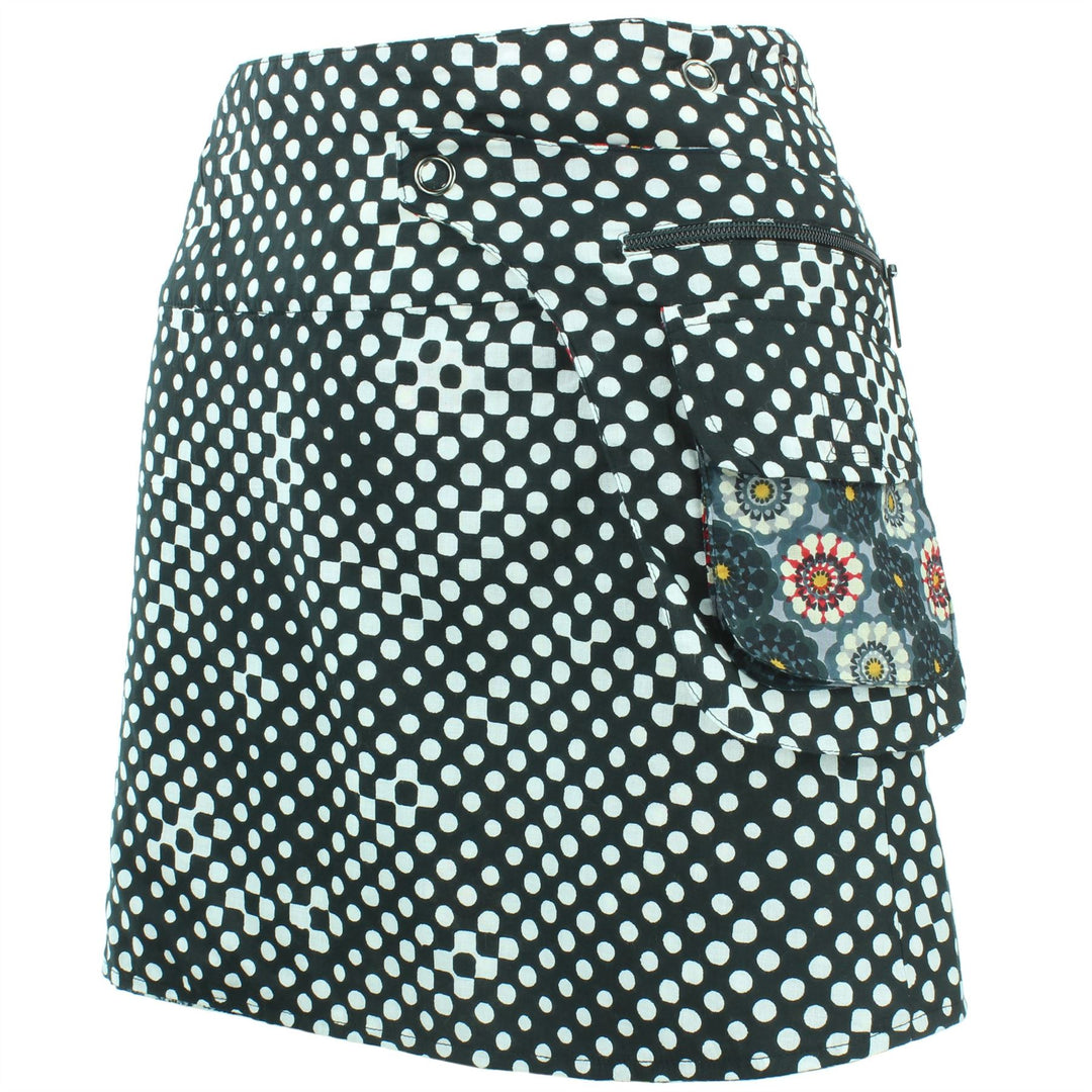 Reversible Popper Wrap Mini Skirt - Kaleidoscope / Mono Dots