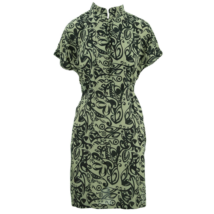 Mandarin Mini Dress - BeigeTrellis