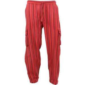 Classic Nepalese Lightweight Cotton Striped Cargo Trousers Pants - Red