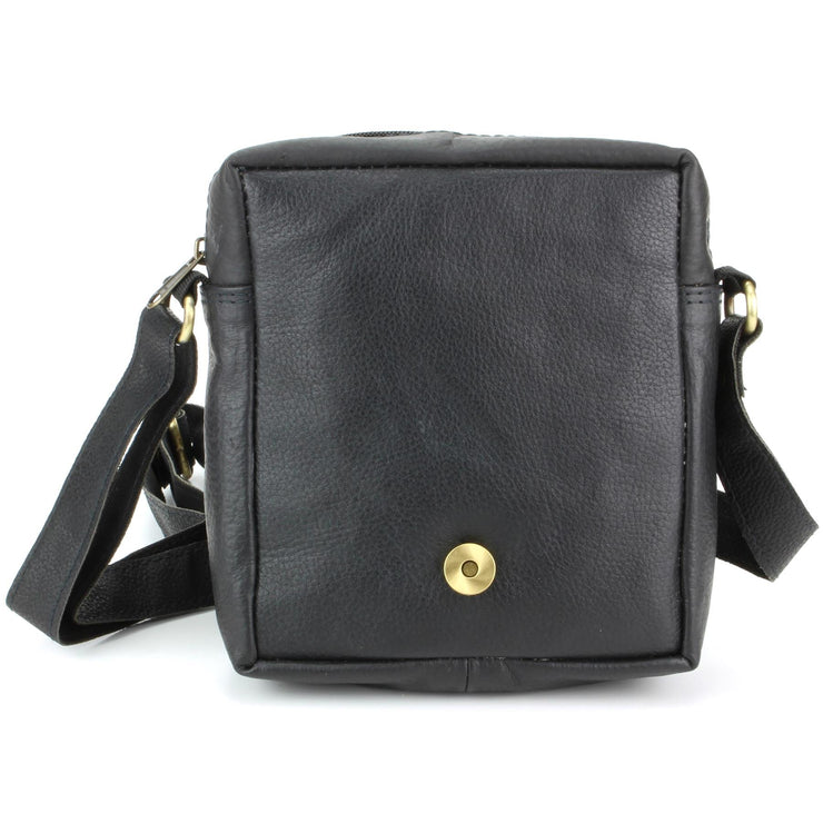 Real Leather Shoulder Bag with Front Zip - Black